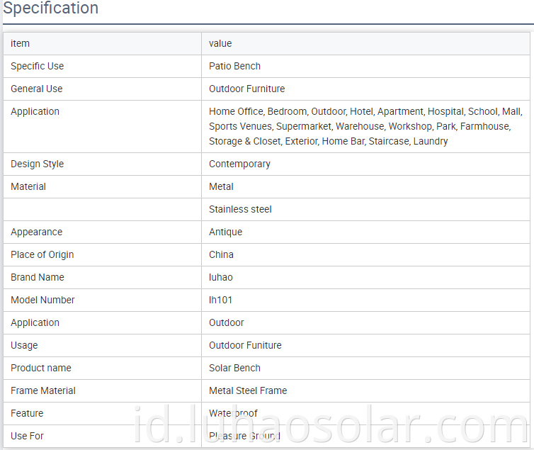 solar bench specification